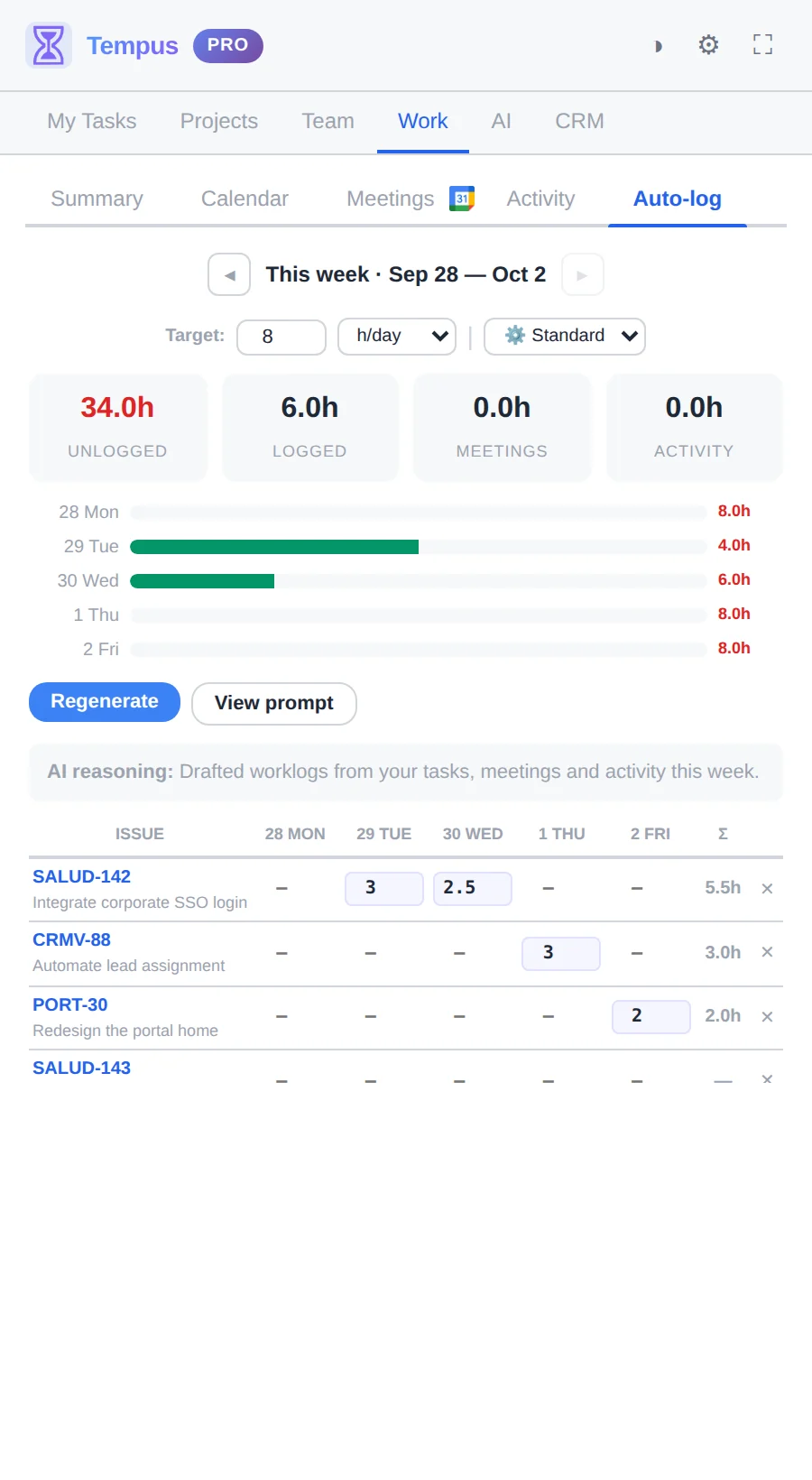 AI Auto-log with a full week of drafted worklogs